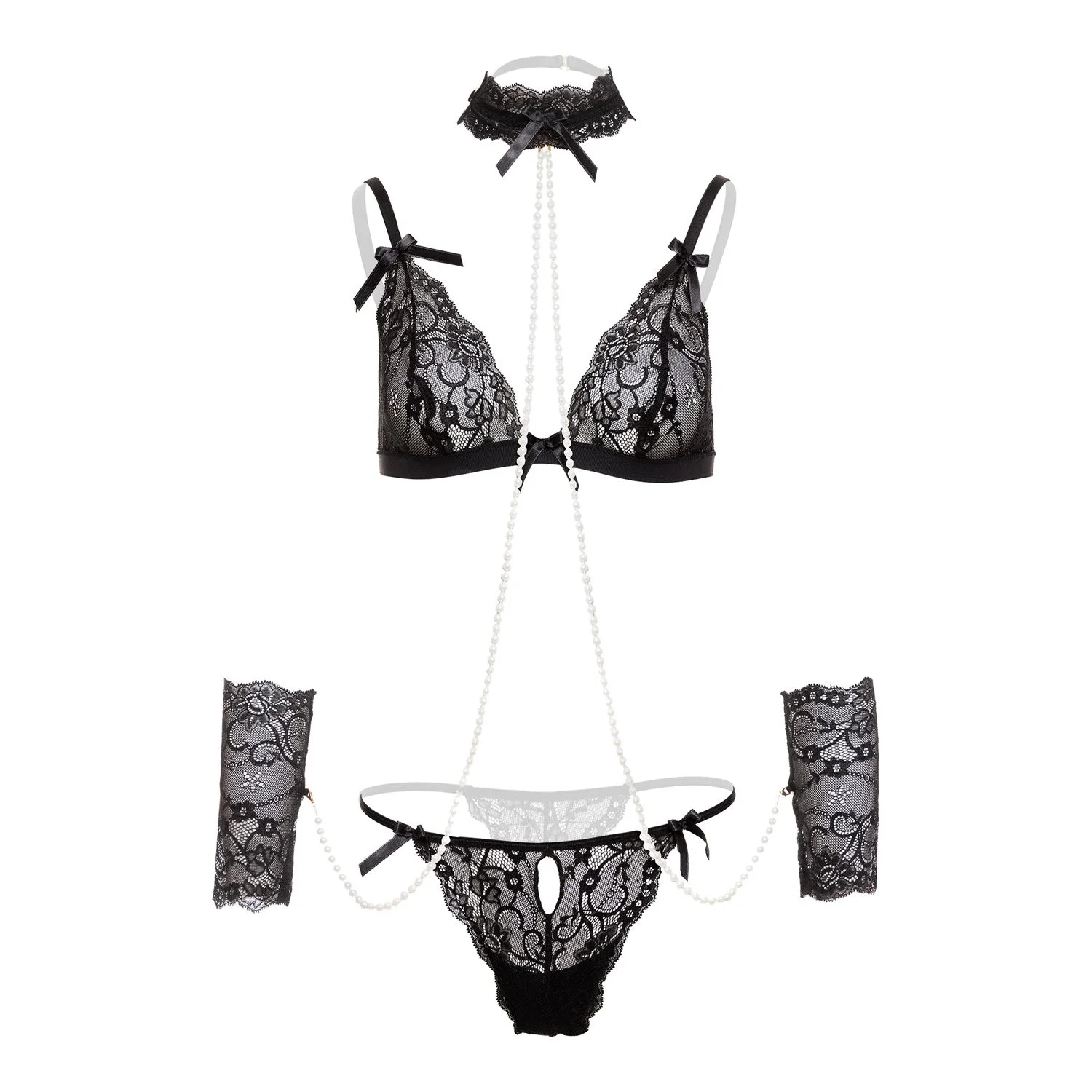 Christine - 4-delige soft bondage set met parels Mea - Zwart